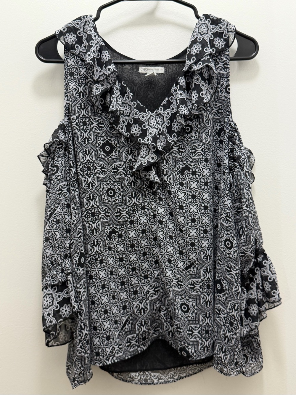 Cato Black and White Ruffled Cold-Shoulder Blouse
